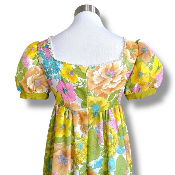 Vintage 1960s Womens Maxi Dress Sz Small Medium Boho Floral Puff Sleeve Tiered - Picture 10 of 10